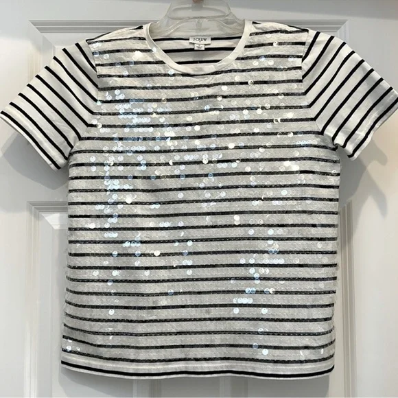J. CREW NWT sequin Striped tee size S ivory with navy stripe, clear sequins - Picture 2 of 5
